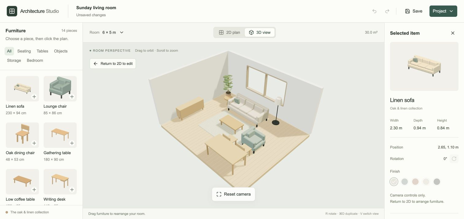 The finished Architecture Studio editor showing the room in 3D alongside the furniture catalog and item details.