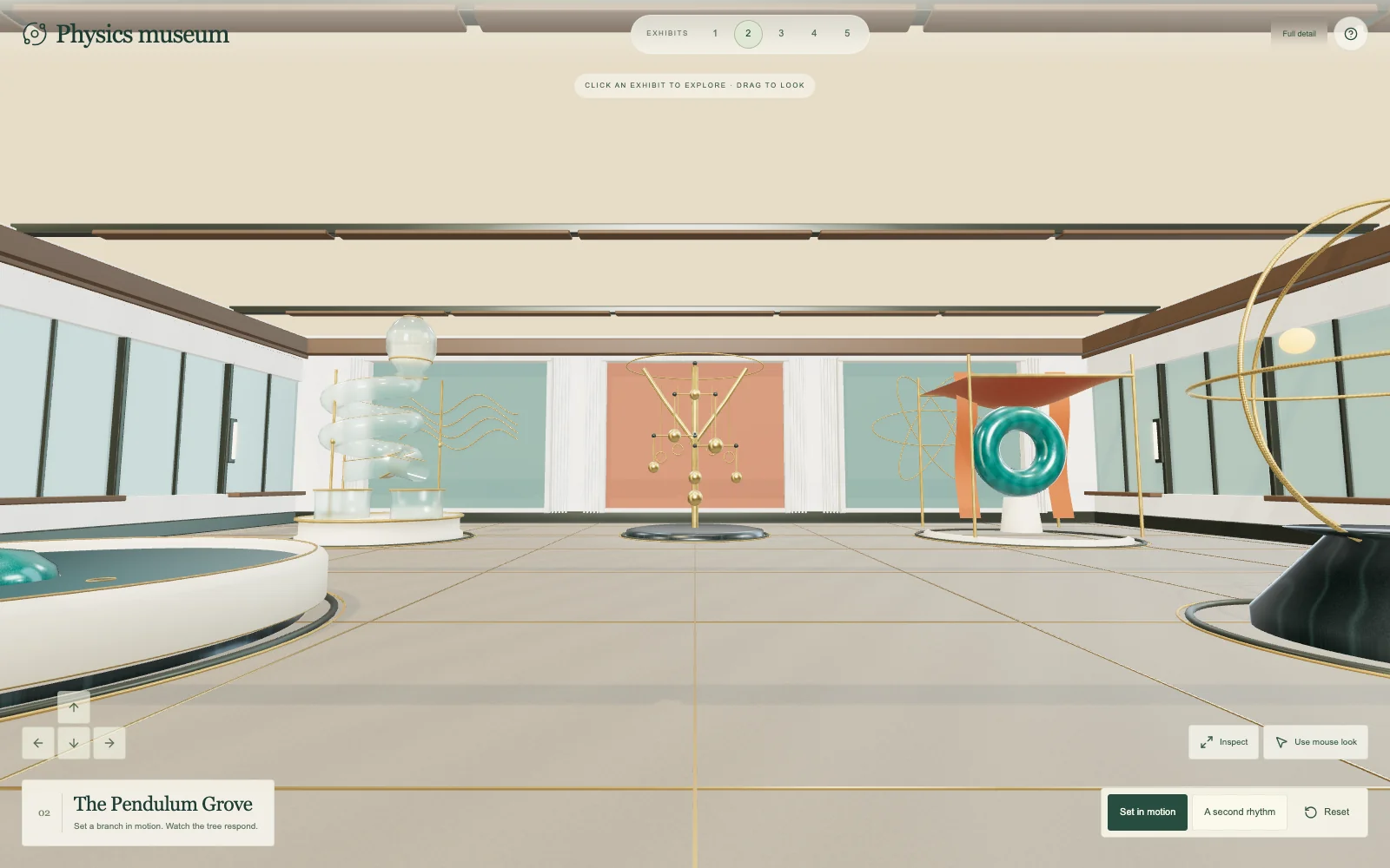 Physics museum, an open gallery with interactive sculptures, a wave basin, daylight, and walking and inspection controls.