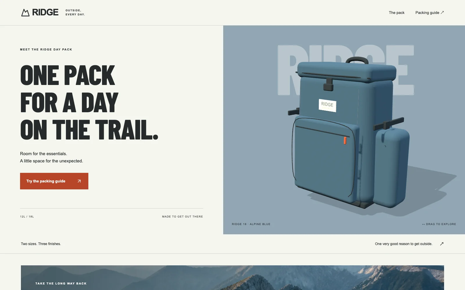 Ridge Pack product page with a blue 3D day pack, campaign headline, and invitation to try the packing guide.