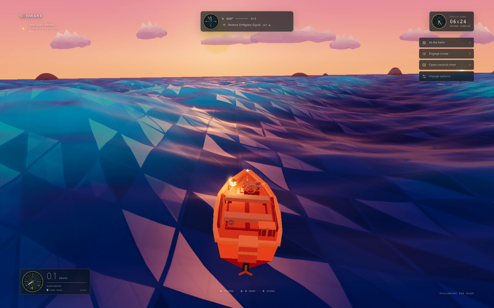 Sunwake gameplay: faceted waves and warm sunrise lighting