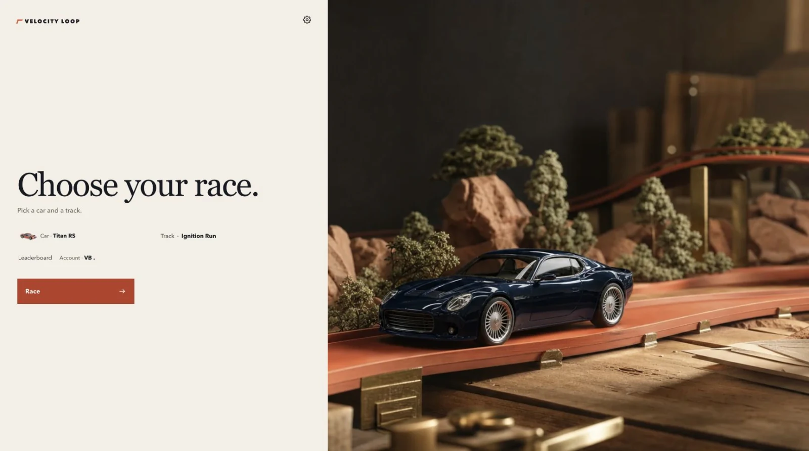 The current Velocity Loop home interface with generated workshop artwork, distinct from the in-race cars.