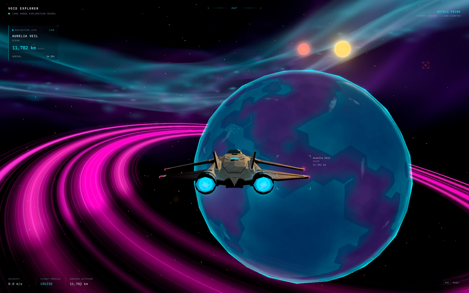 Gameplay capture: the four-wing AURORA spacecraft above a ringed planet beneath two stars